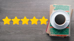 5 star rating with image of books and coffee